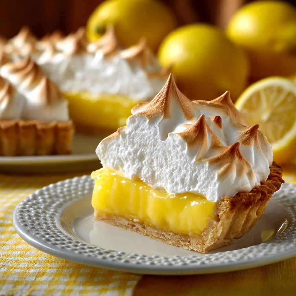 Delicious homemade lemon meringue pie with golden meringue topping and lemon filling