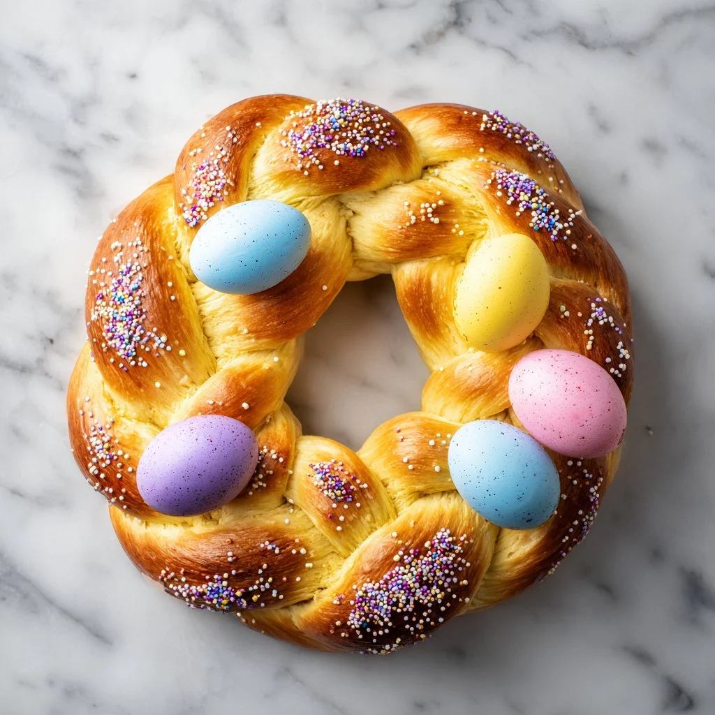 Homemade Traditional Braided Italian Easter Bread adorned with colorful Easter eggs.