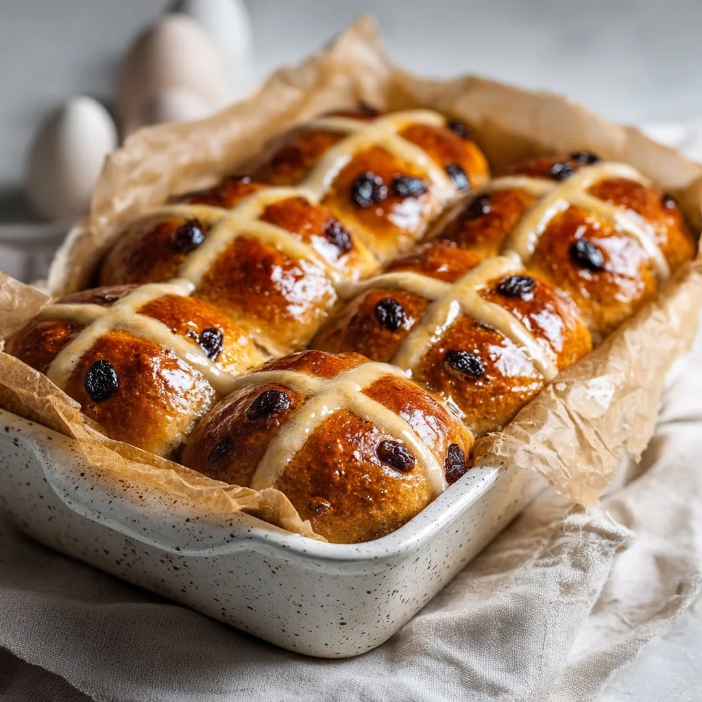 Freshly baked traditional hot cross buns with spices and a glaze