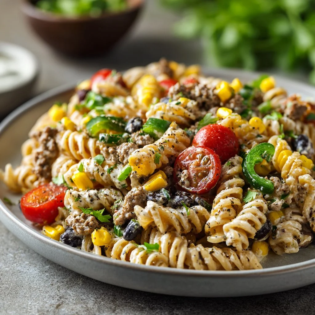 Zesty High Protein Fiesta Pasta Salad loaded with fresh vegetables and protein-rich ingredients.
