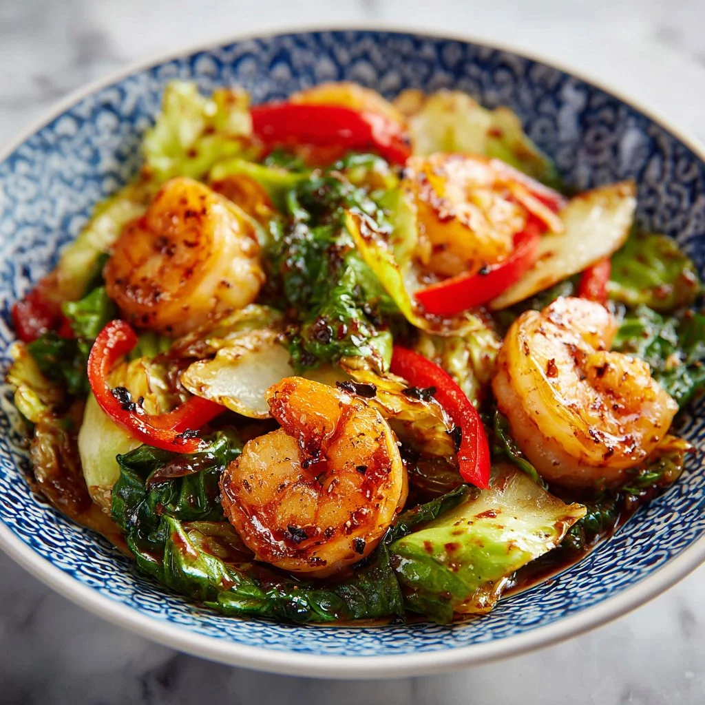 Asian shrimp and cabbage stir fry on a plate with colorful vegetables