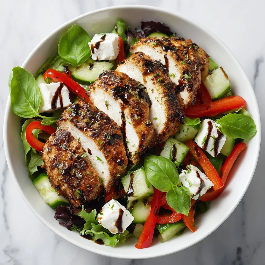 Baked marinated chicken salad with fresh ingredients and vibrant colors