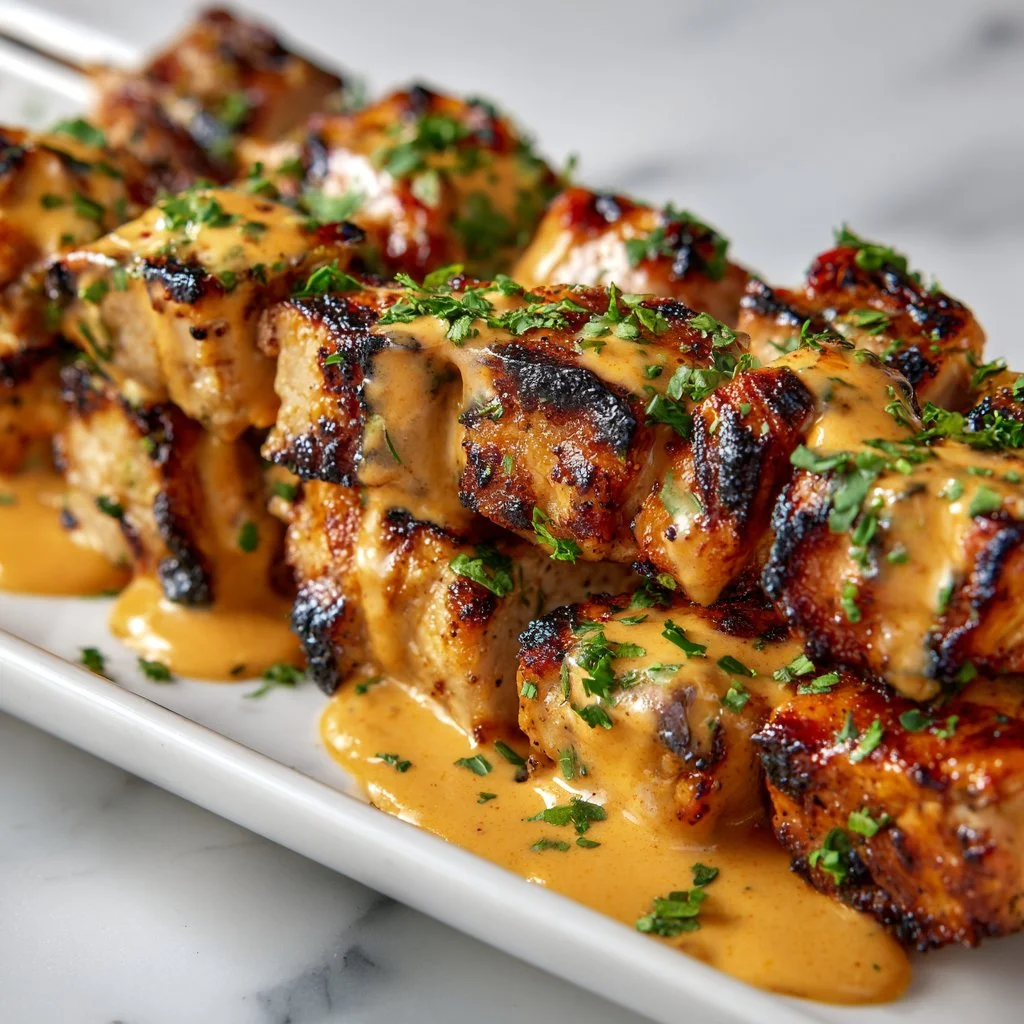 Delicious Bang Bang Chicken Skewers served with dipping sauce