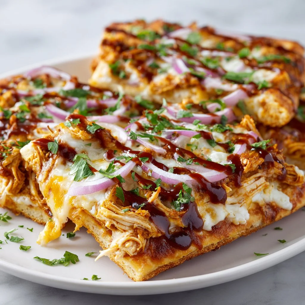 BBQ chicken flatbread topped with cheese and fresh herbs