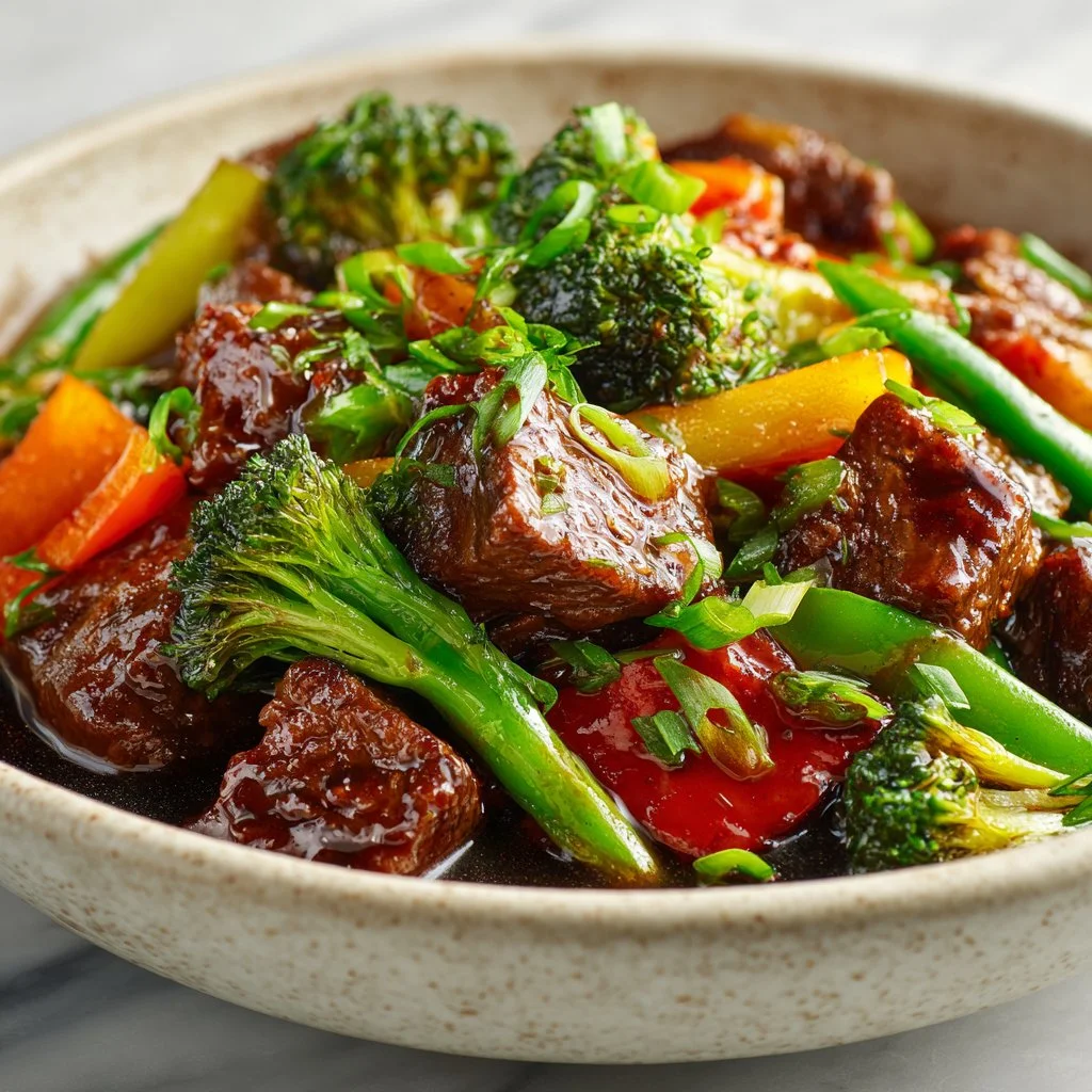 Beef stir fry with colorful vegetables served in a skillet.