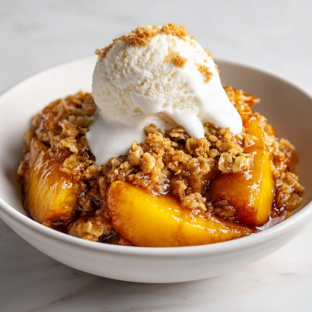 Delicious crock pot peach cobbler topped with ice cream
