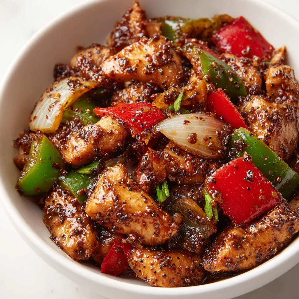 Delicious Black Pepper Chicken served with vegetables and rice