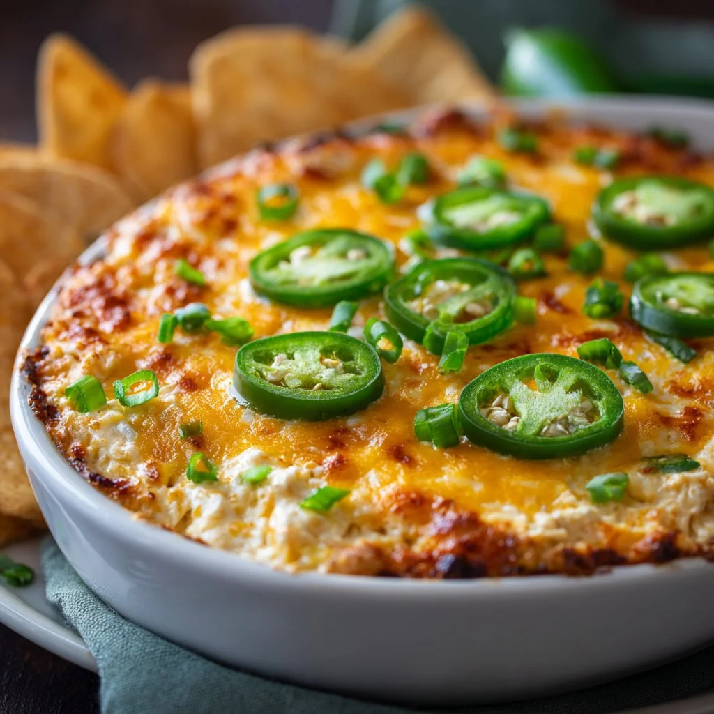 Creamy cheesy jalapeño dip served in a bowl with tortilla chips