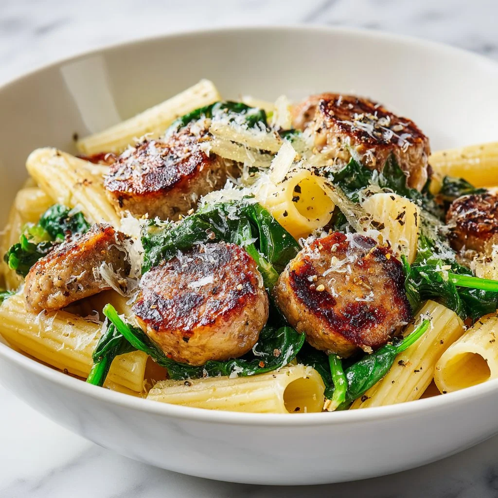 One pan pasta dish featuring Chicken Apple Sausage, fresh vegetables, and pasta.