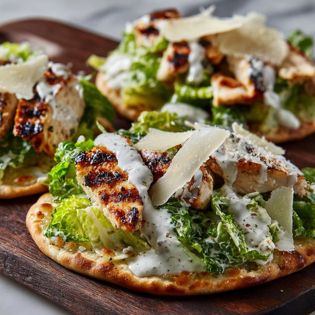 Delicious Chicken Caesar Flatbread topped with fresh ingredients and Caesar dressing