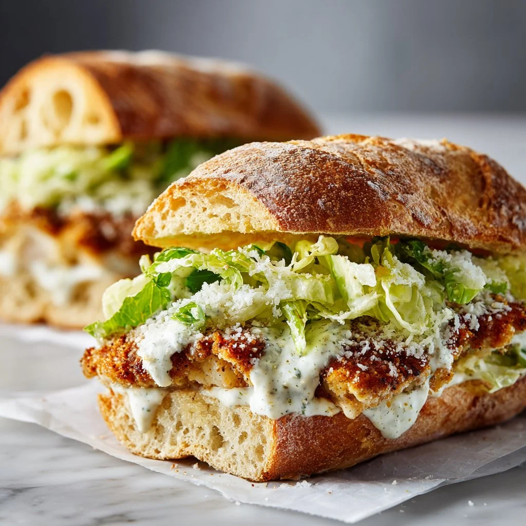 Delicious Chicken Caesar Sandwich with grilled chicken, romaine, and Caesar dressing