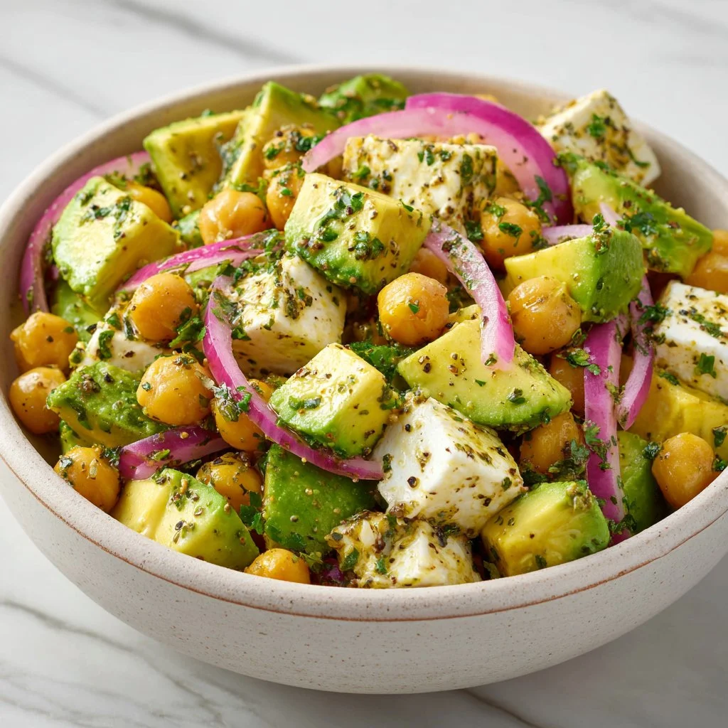 Chickpea Feta Avocado Salad with fresh ingredients in a bowl