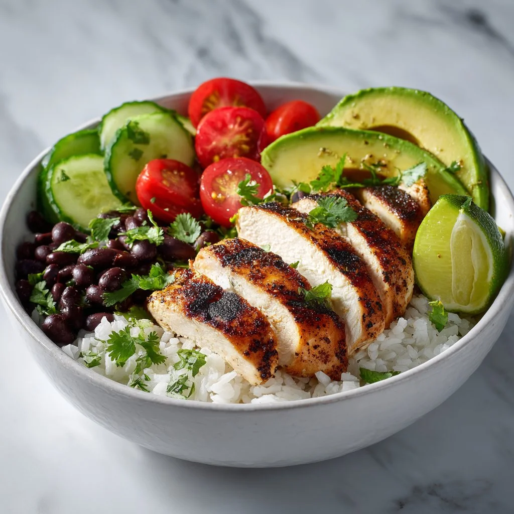 Delicious cilantro lime chicken bowl garnished with fresh cilantro and lime wedges