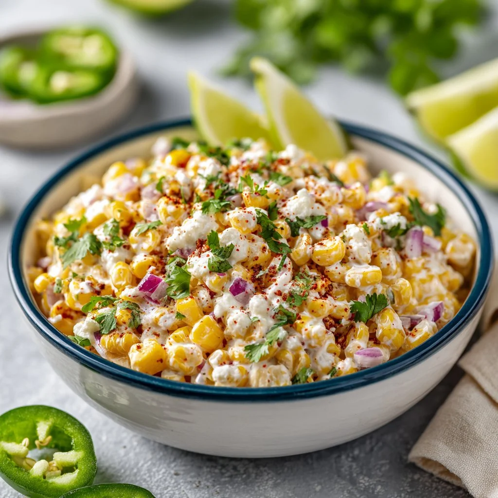 Colorful corn salad with vegetables ideal for summer gatherings.