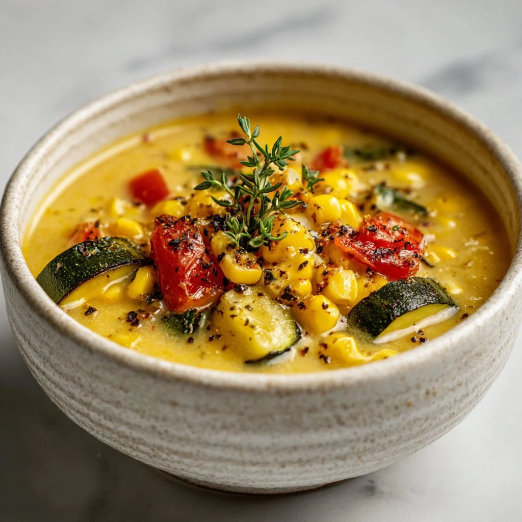 Bowl of Cozy Comfort Soup garnished with herbs, perfect for warming up on chilly days.