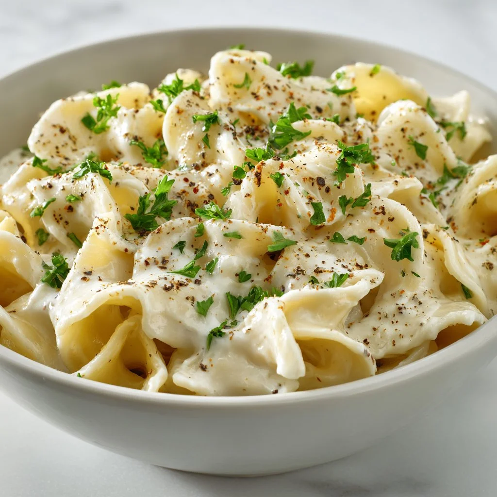 Creamy cafeteria noodles served in a bowl with fresh herbs and spices