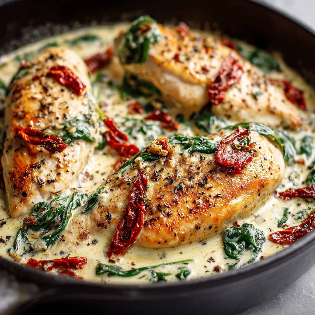 Creamy crockpot Tuscan chicken served with fresh herbs and vegetables