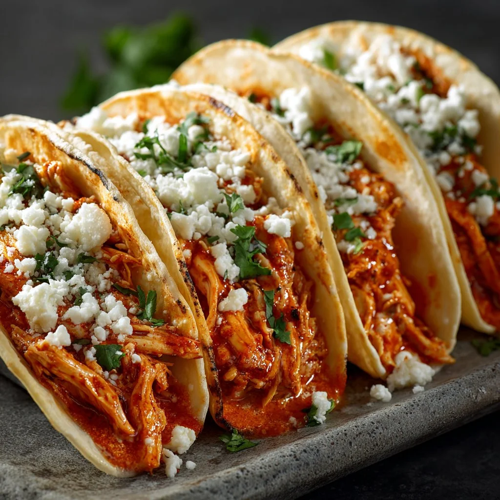 Delicious creamy queso chicken tacos served with fresh toppings