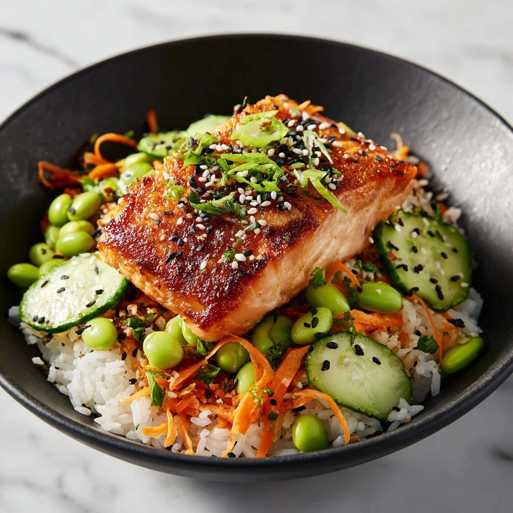 Crispy salmon rice bowl topped with fresh vegetables and sauce