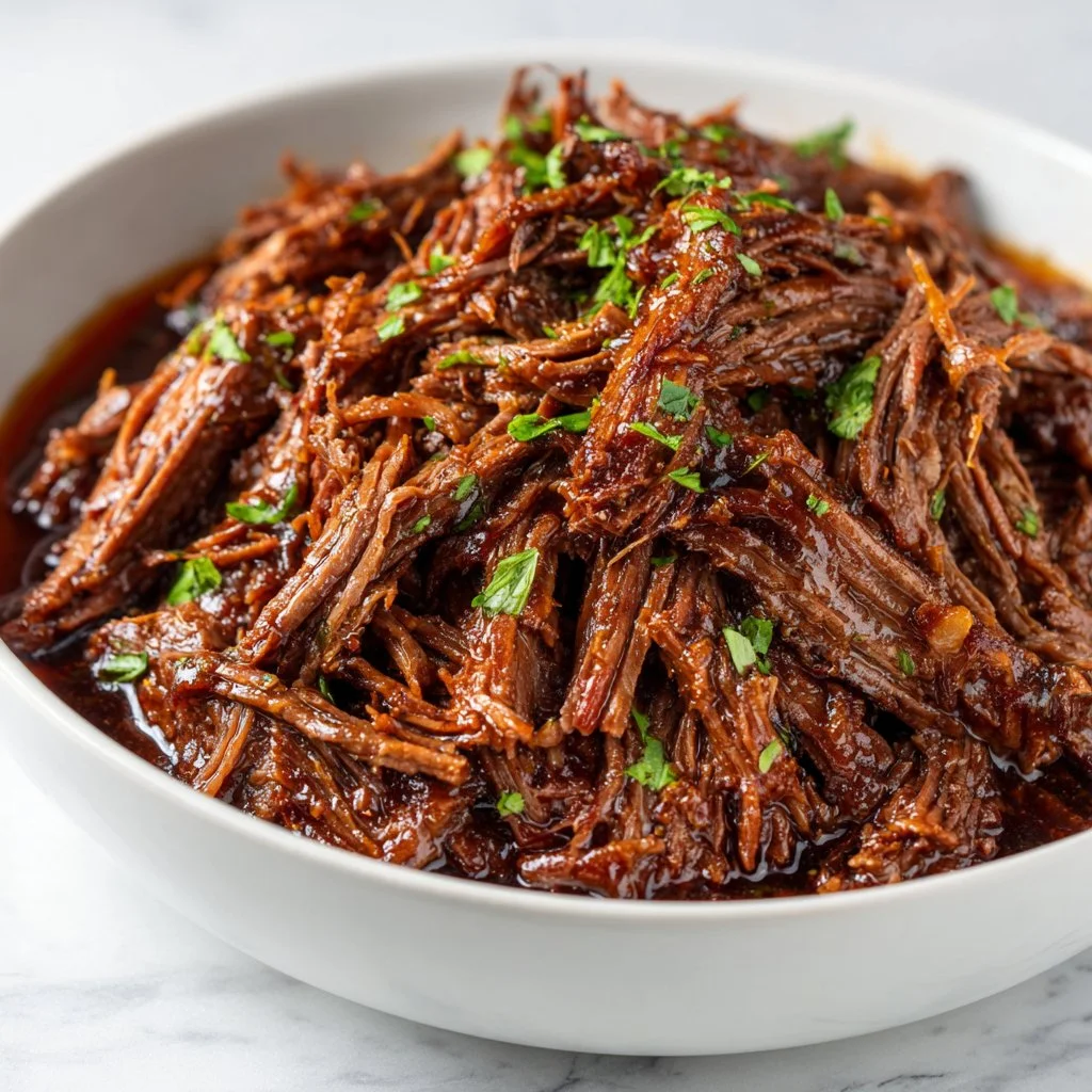 Delicious Crock Pot shredded beef served in a bowl with fresh herbs