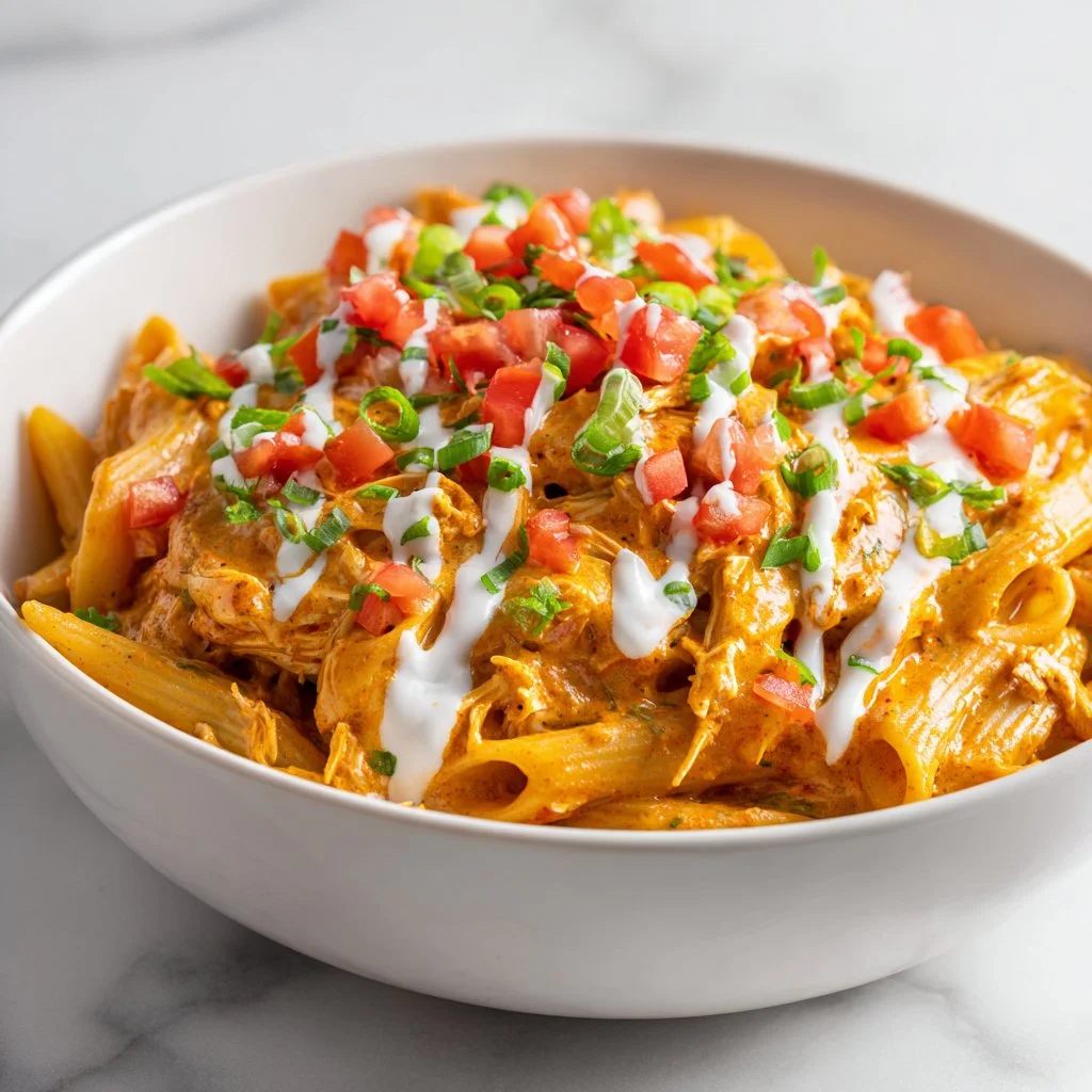 Crockpot Chicken Taco Pasta dish topped with cheese and garnished with cilantro.