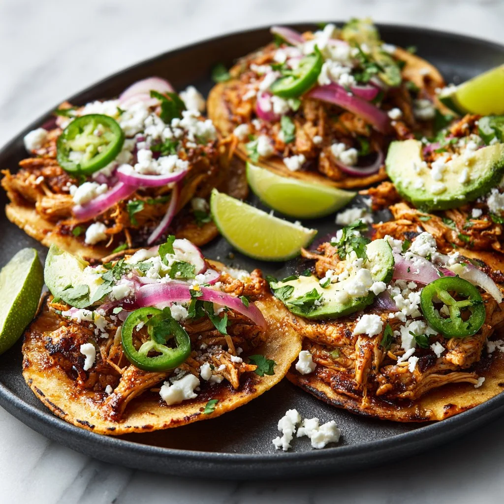 Crockpot chicken tacos served in a delicious tortilla with toppings
