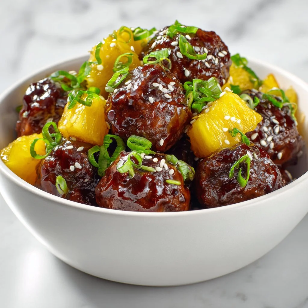 Crockpot Pineapple Teriyaki Meatballs served in a bowl with garnish