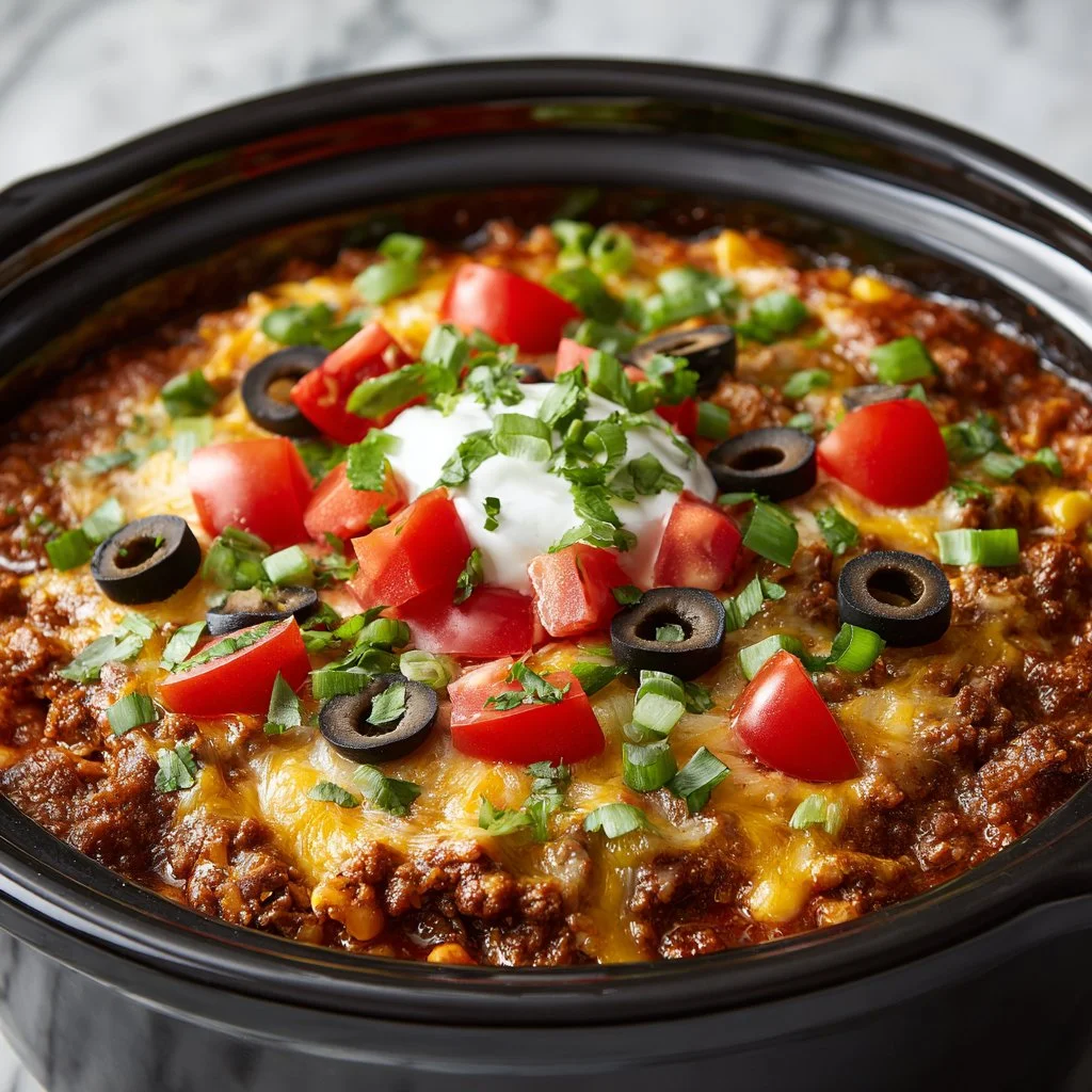 Delicious Crockpot Taco Casserole served in a dish with toppings.