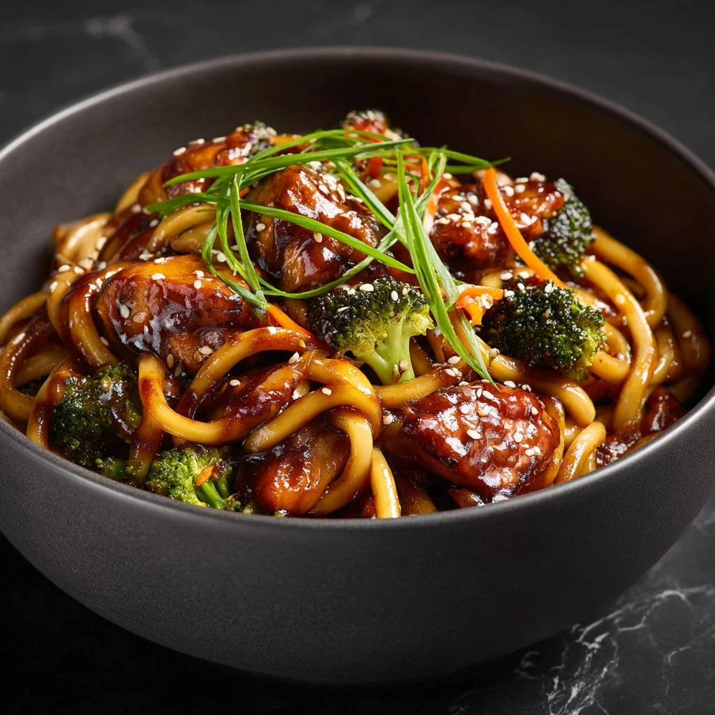 Delicious chicken teriyaki noodles served in a bowl with fresh vegetables