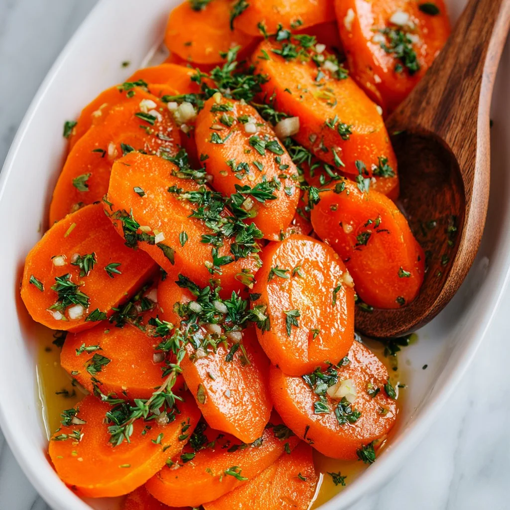 Easter garlic herb carrots dish garnished with fresh herbs