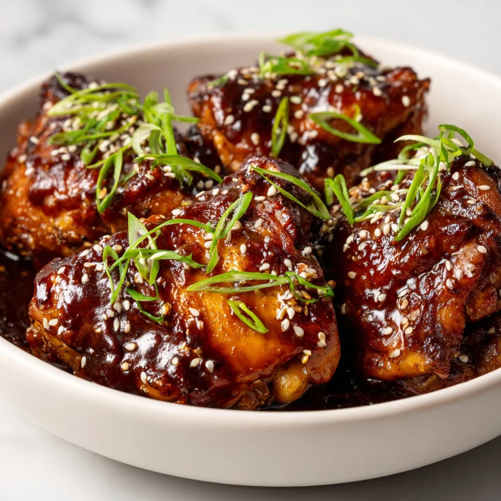 Crockpot honey garlic chicken thighs served with rice and vegetables
