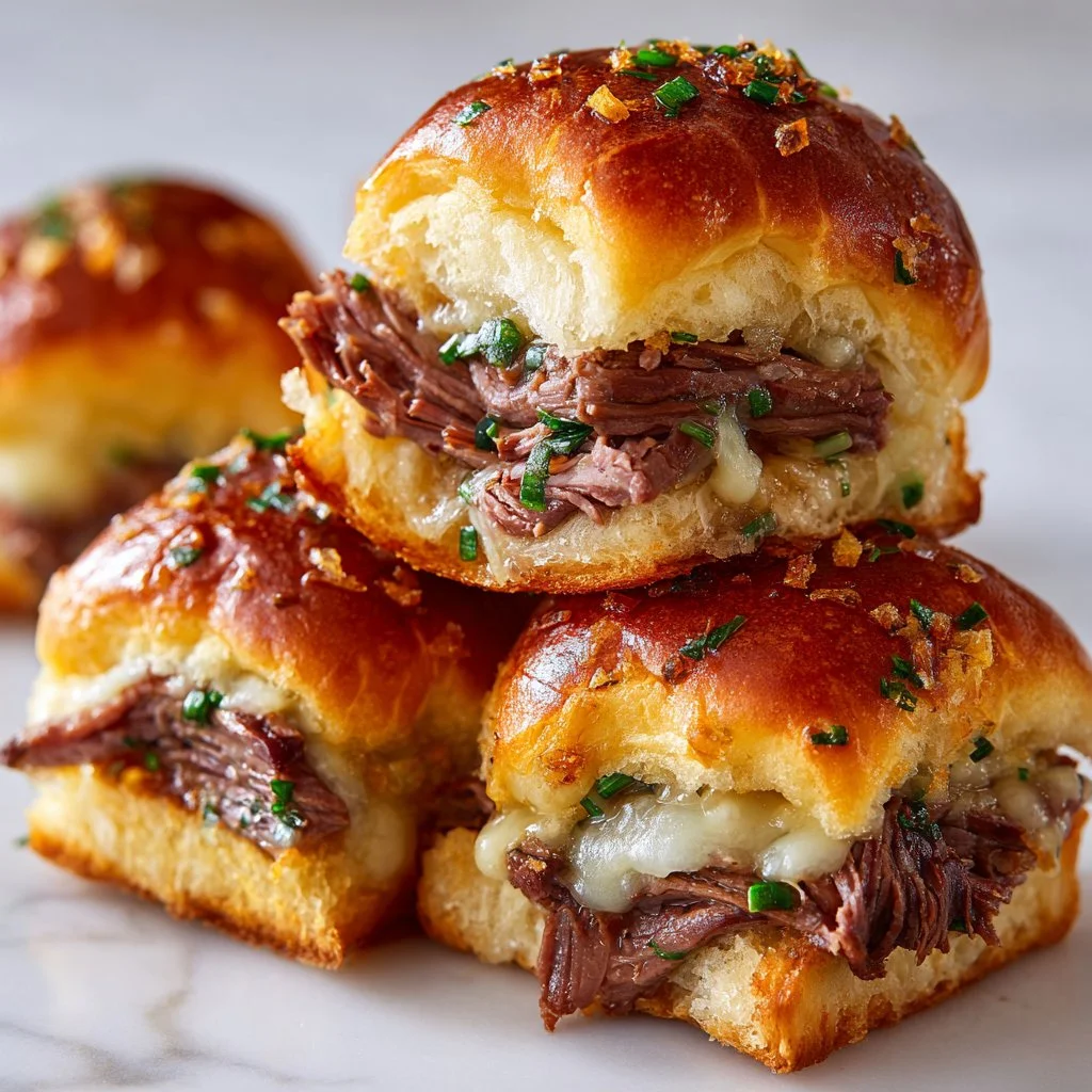 Delicious French Dip Sliders served with au jus for dipping