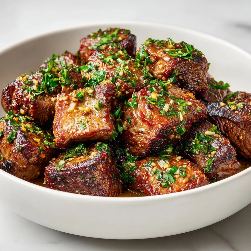 Delicious garlic butter steak bites served on a plate, ready for dinner