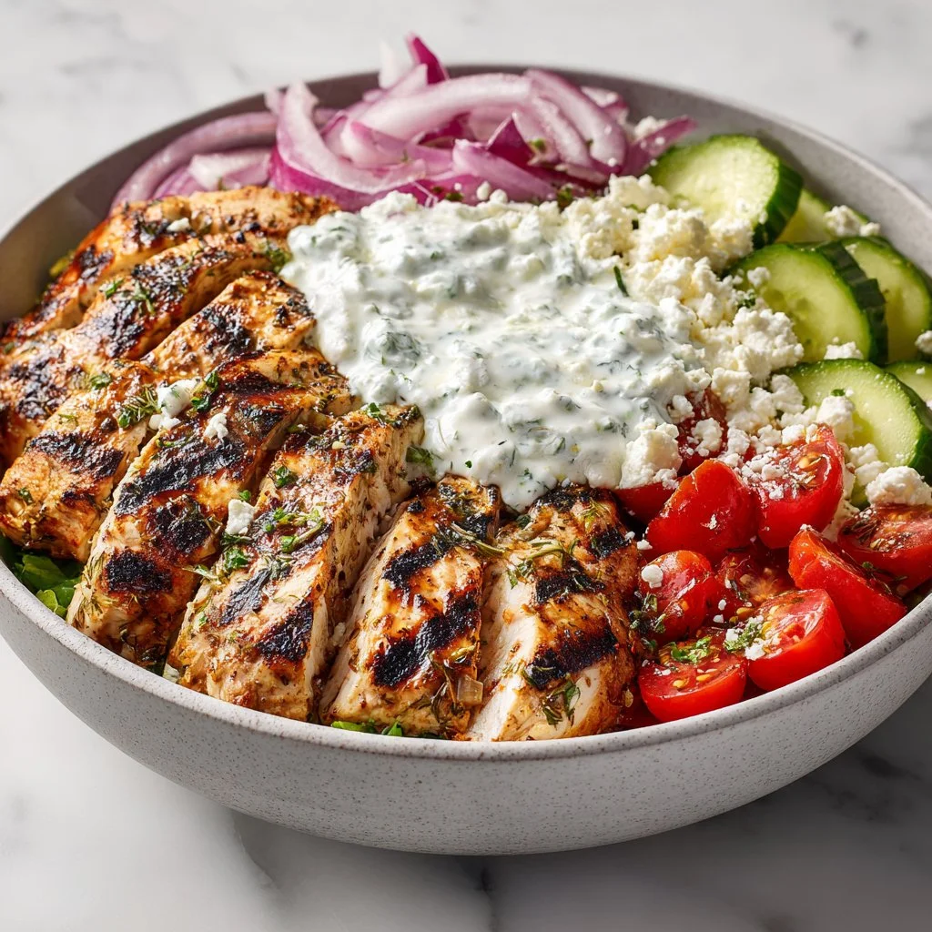 Delicious Greek Chicken Bowl topped with fresh vegetables and feta cheese
