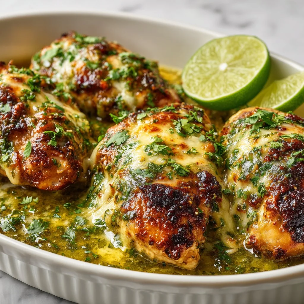 Grilled salsa verde chicken with pepper jack cheese served on a plate