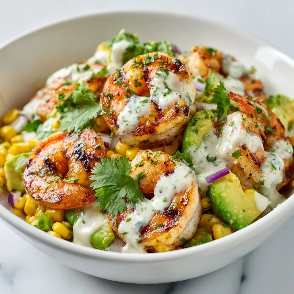 A vibrant grilled shrimp bowl featuring succulent shrimp and fresh avocado.