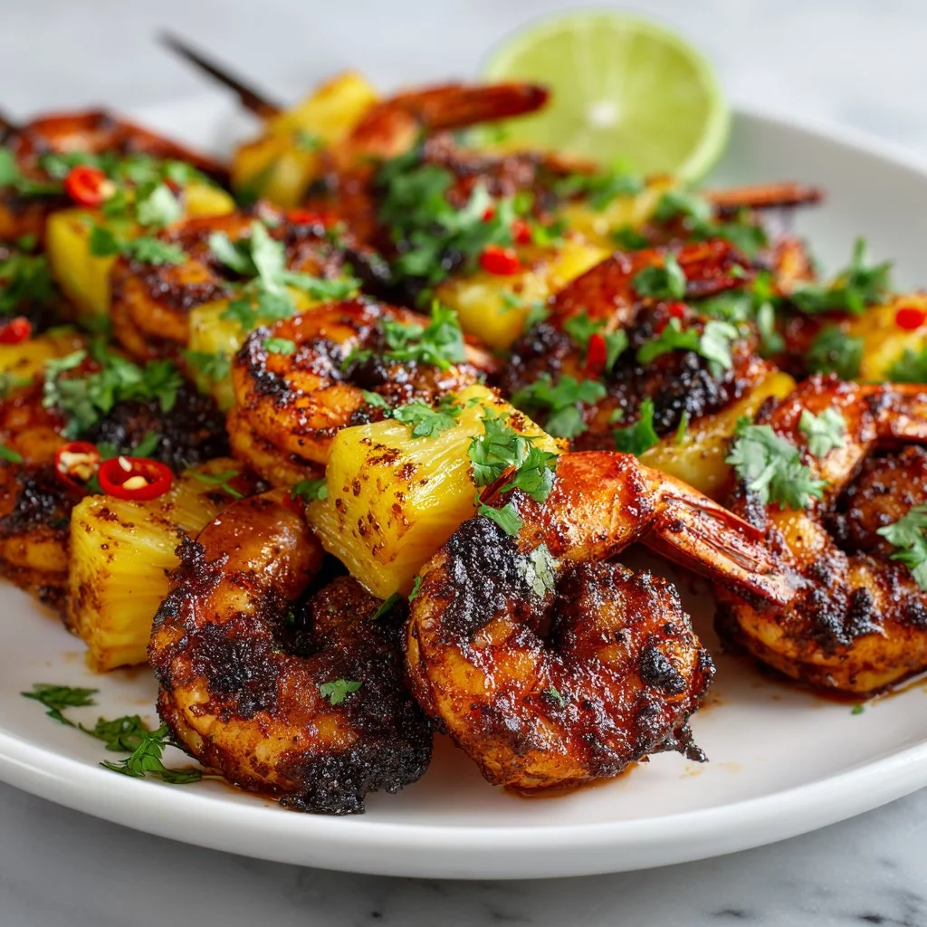 Delicious grilled shrimp pineapple skewers on a platter.