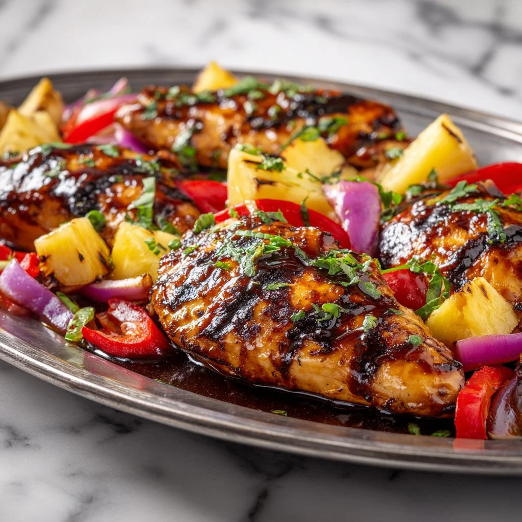 Hawaiian chicken sheet pan with colorful vegetables and pineapple