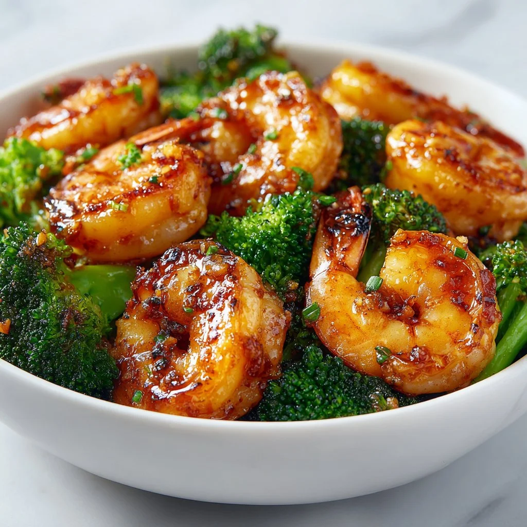 High-protein honey garlic shrimp served on a plate with a garnish