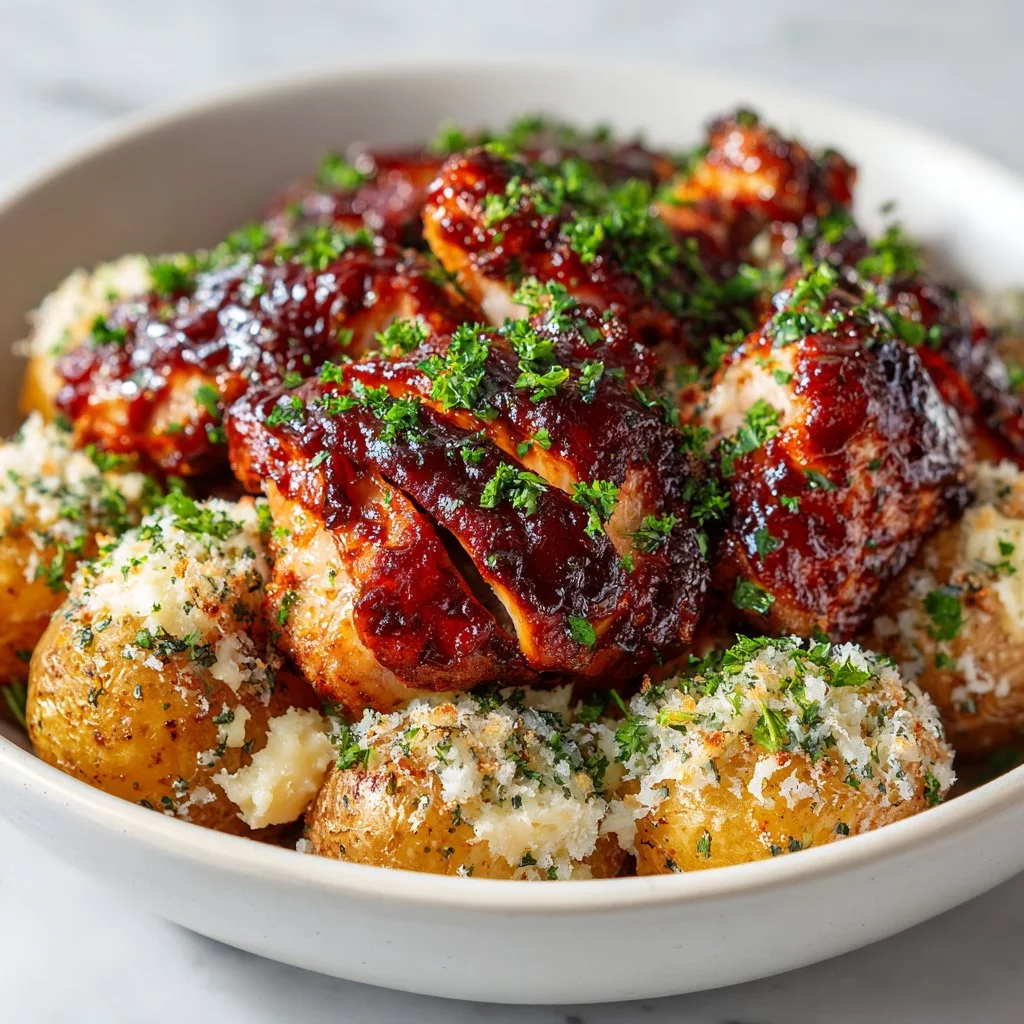 Honey BBQ Chicken served with Garlic Parmesan Potatoes on a plate