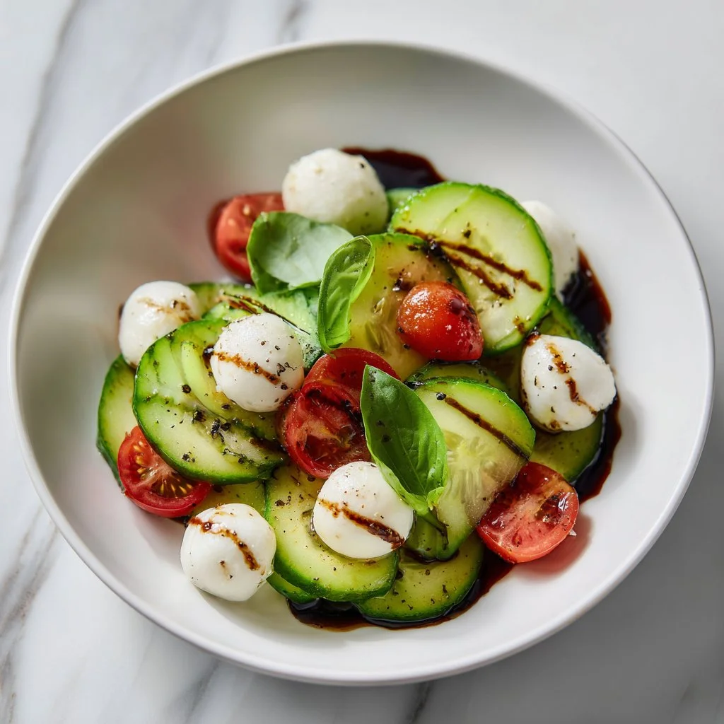 Juicy Cucumber Caprese Salad with fresh tomatoes and mozzarella cheese