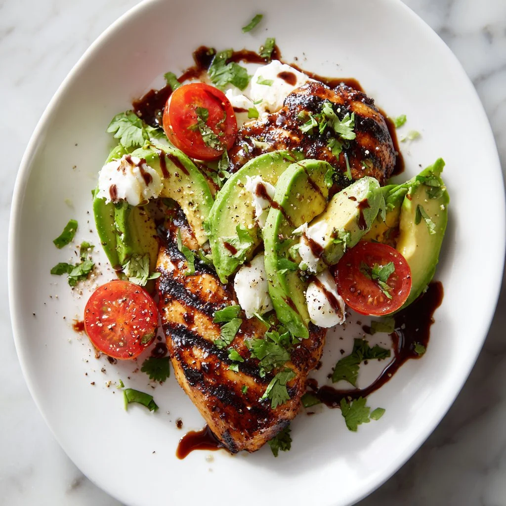 Juicy Grilled California Avocado Chicken served on a platter with fresh herbs