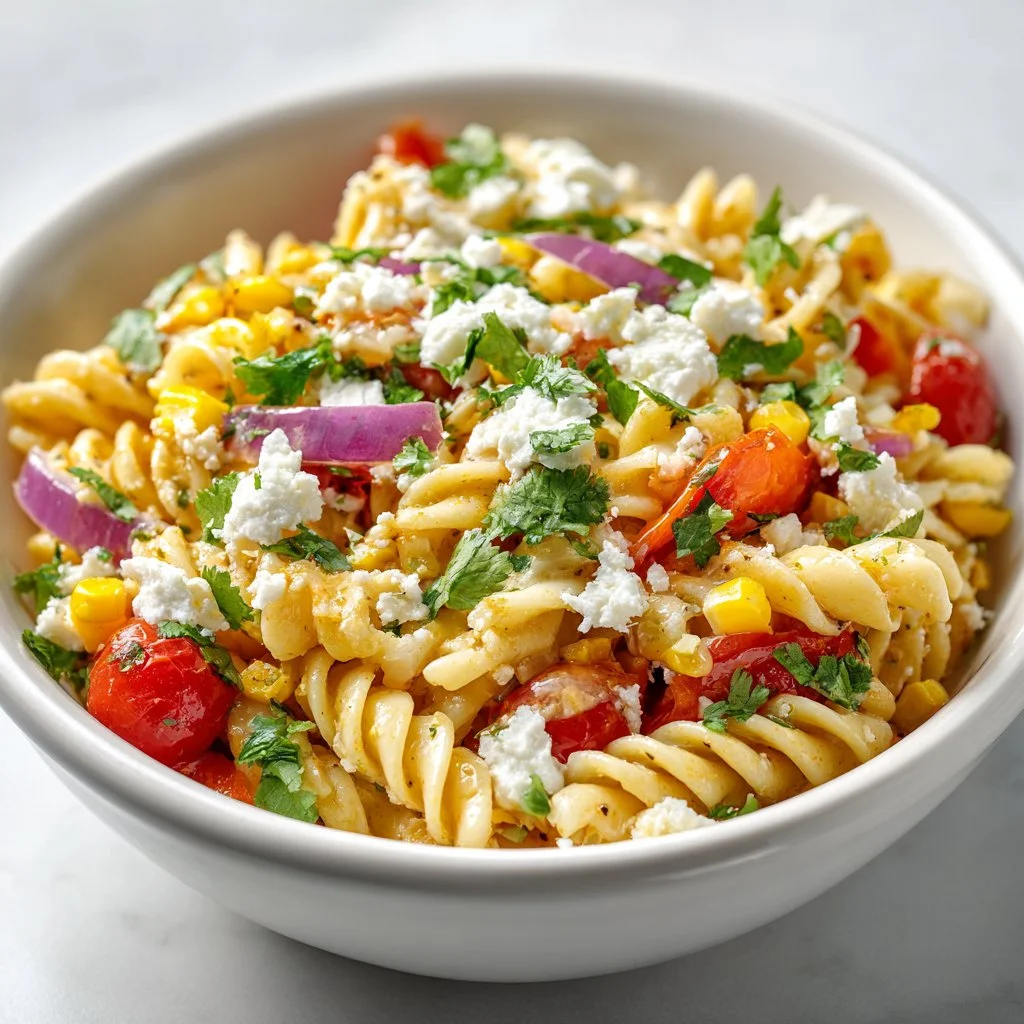 Juicy street corn pasta salad garnished with fresh herbs and lime.