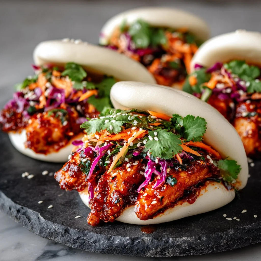 Delicious Korean Chicken Bao Buns served with fresh ingredients