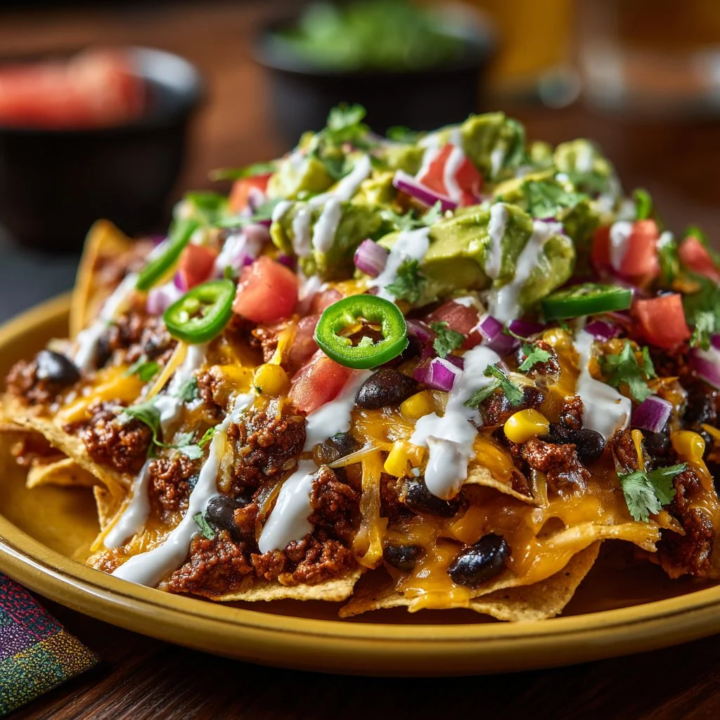 Delicious loaded nachos topped with cheese, jalapeños, and sour cream