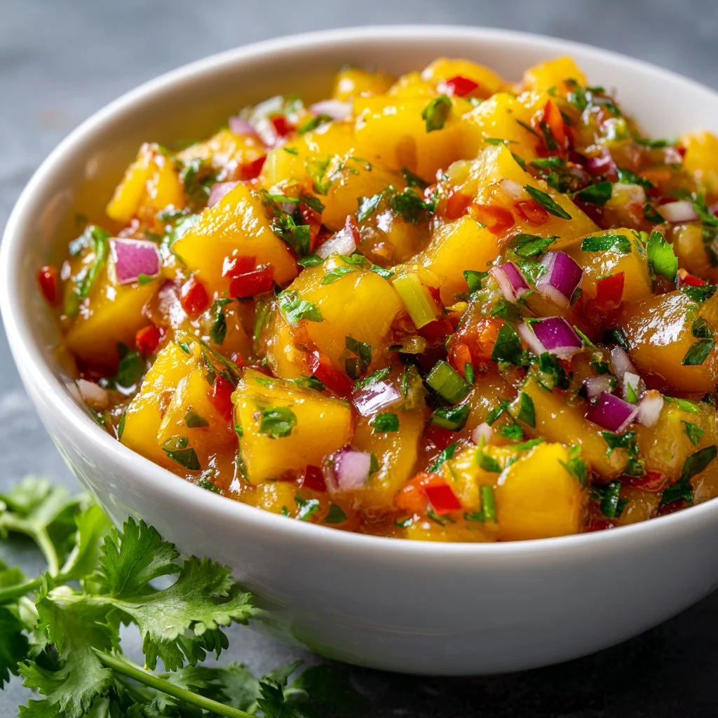 Bowl of fresh mango salsa garnished with cilantro and lime.