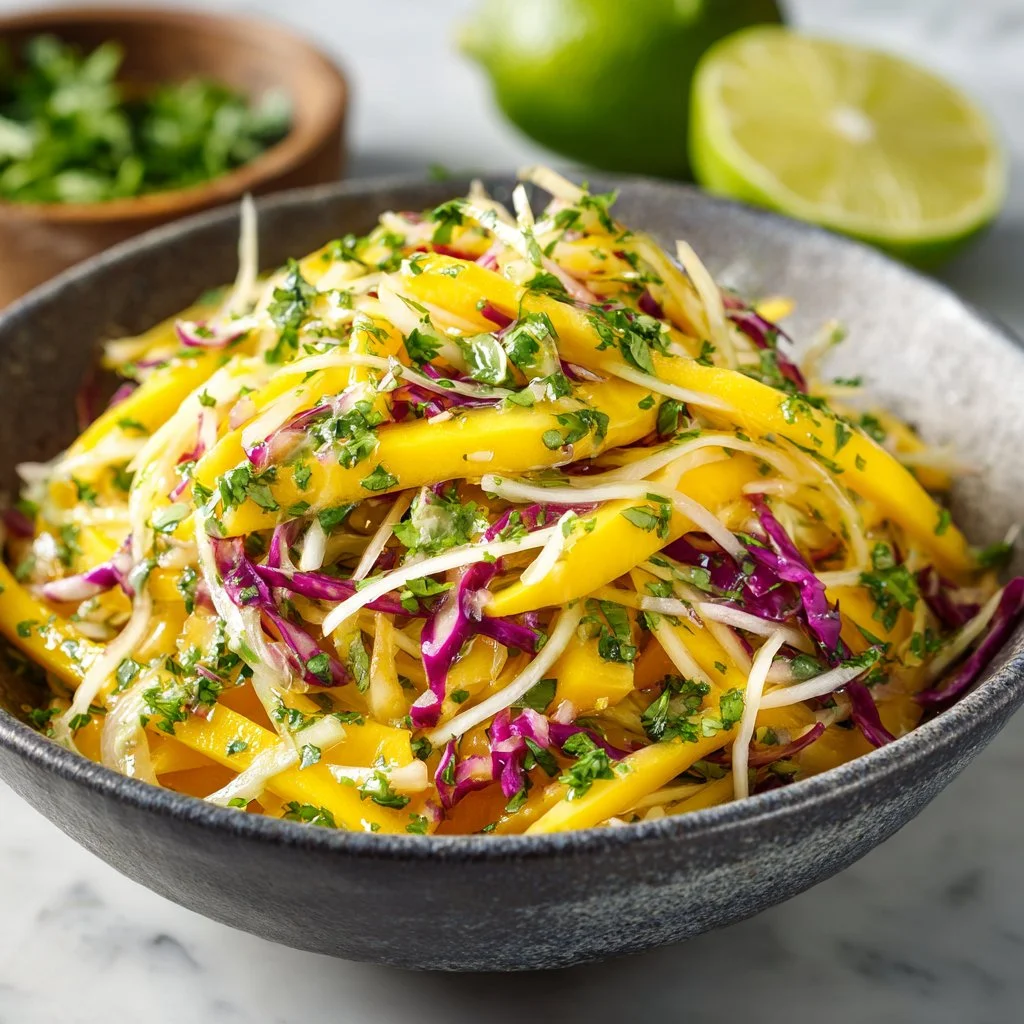 Delicious Mango Slaw Salad featuring fresh mango, cabbage, and colorful vegetables