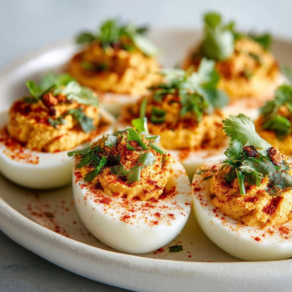 Platter of Mexican deviled eggs garnished with cilantro and jalapenos