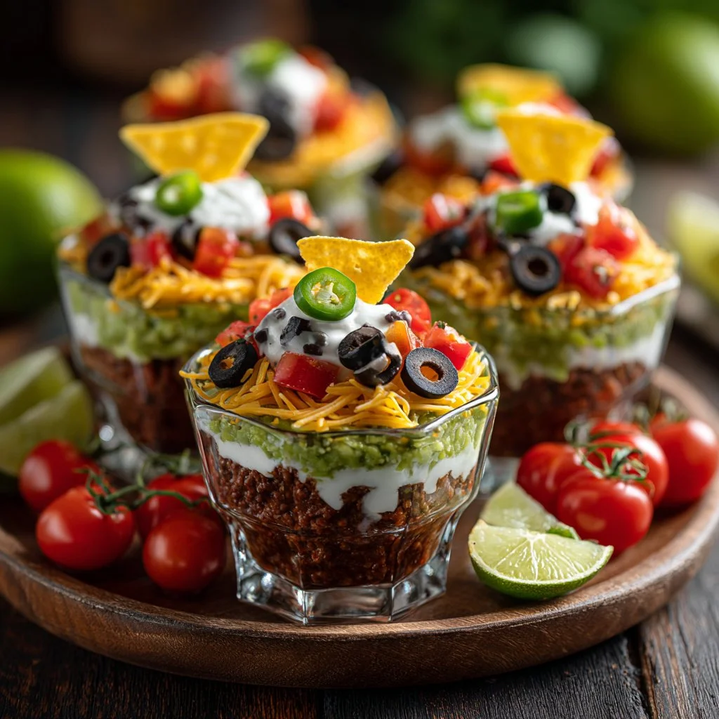 Colorful Mexican dip cups filled with fresh ingredients and flavors.