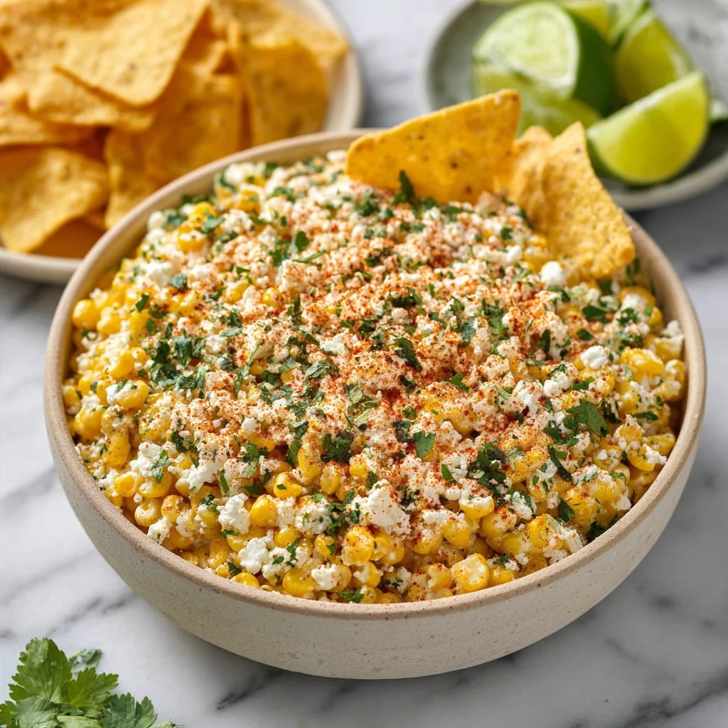 Creamy Mexican Street Corn Dip served in a bowl with toppings